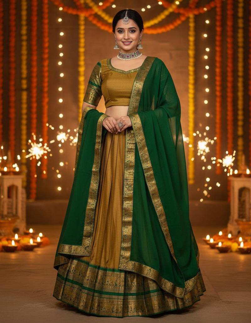  Mustard South Indian Kanci cottan half blend lehenga saree with blouse and dupatta For Women's