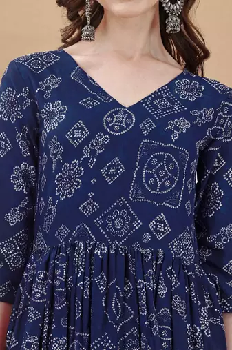 Navy blue bandhani printed rayon a-line pleated kurta