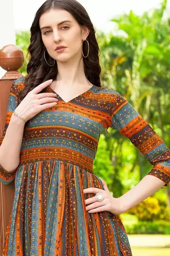 Blue geometric printed rayon a-line pleated kurta
