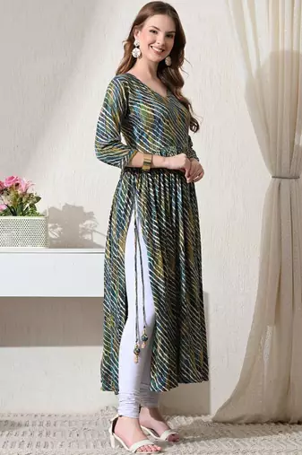 Blue striped printed rayon a-line pleated kurta