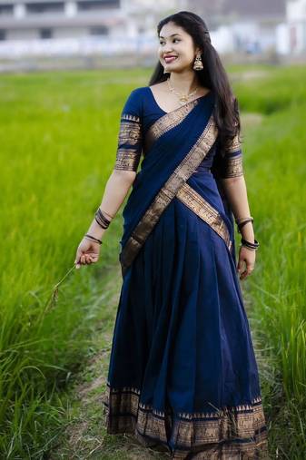 Dark Navy Blue Kanchi Cotton Half blend Lehenga Saree set For South Indian Festival For Women's