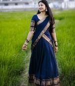 Dark Navy Blue Kanchi Cotton Half blend Lehenga Saree set For South Indian Festival For Women's