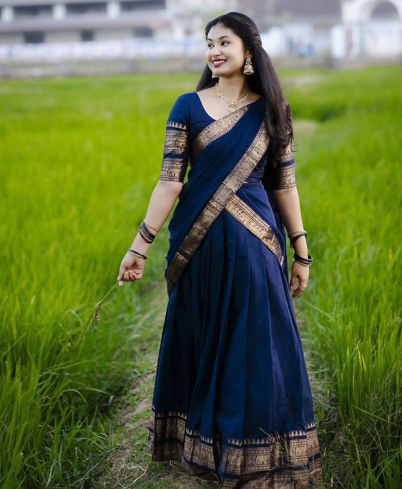 Dark Navy Blue Kanchi Cotton Half blend Lehenga Saree set For South Indian Festival For Women's