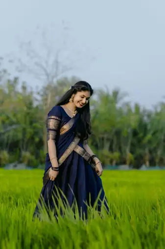 Dark Navy Blue Kanchi Cotton Half blend Lehenga Saree set For South Indian Festival For Women's