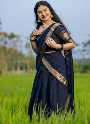 Dark Navy Blue Kanchi Cotton Half blend Lehenga Saree set For South Indian Festival For Women's 3