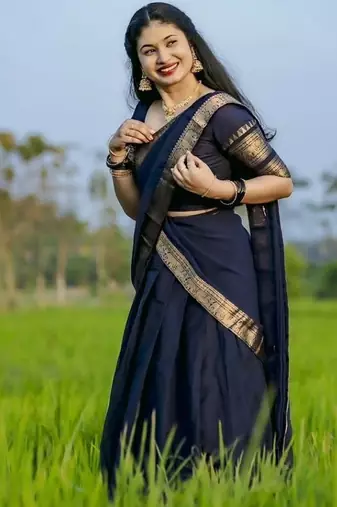 Dark Navy Blue Kanchi Cotton Half blend Lehenga Saree set For South Indian Festival For Women's