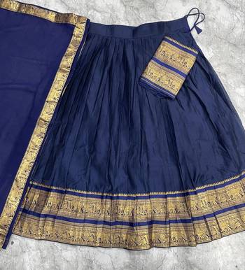 Dark Navy Blue Kanchi Cotton Half blend Lehenga Saree set For South Indian Festival For Women's 5