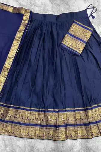 Dark Navy Blue Kanchi Cotton Half blend Lehenga Saree set For South Indian Festival For Women's