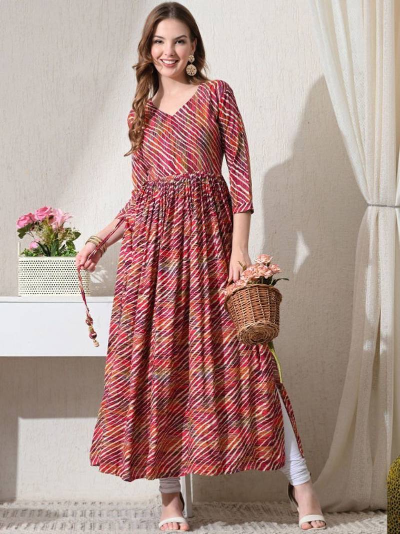 Pink striped printed rayon a-line pleated kurta