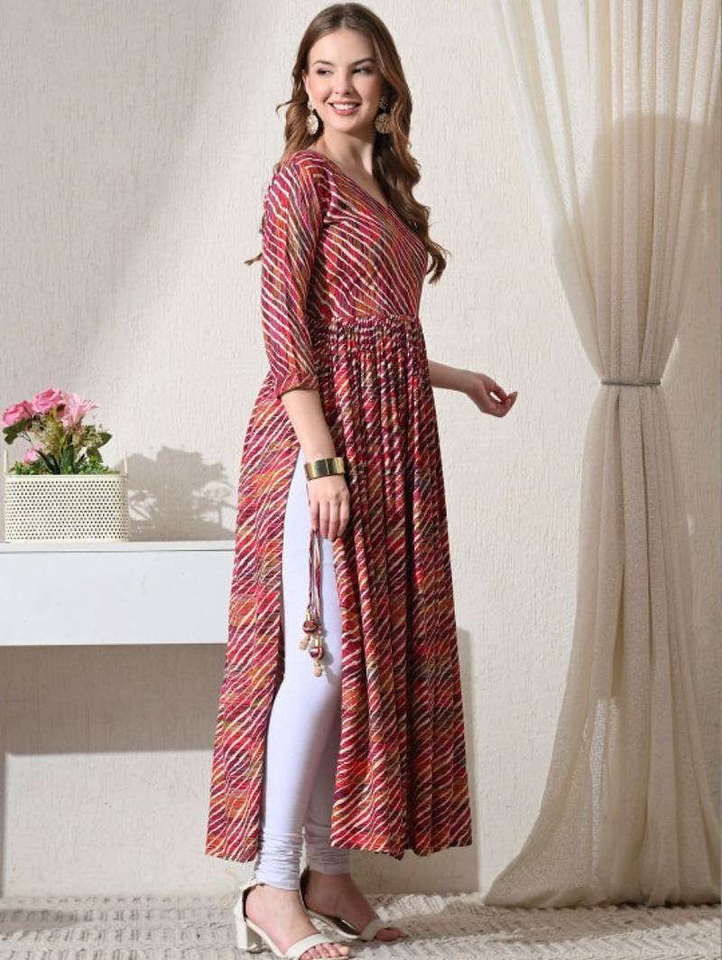Pink striped printed rayon a-line pleated kurta