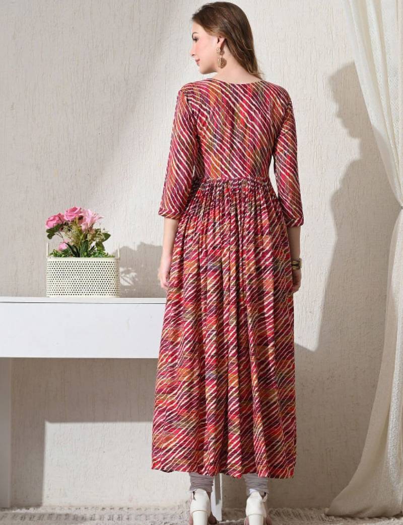 Pink striped printed rayon a-line pleated kurta