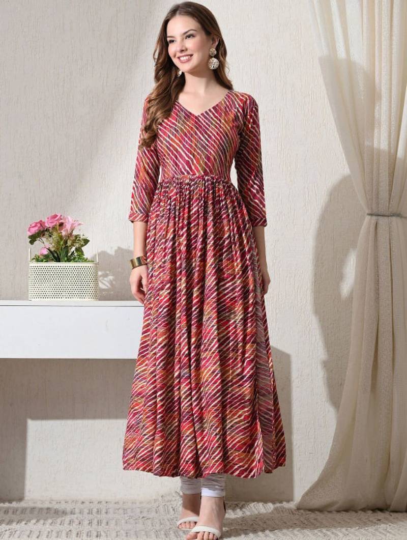Pink striped printed rayon a-line pleated kurta