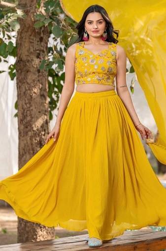 Yellow Georgette Embroidered Sequinned Flared Lehenga Choli with Dupatta and Blouse