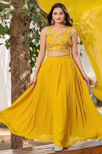 Yellow Georgette Embroidered Sequinned Flared Lehenga Choli with Dupatta and Blouse