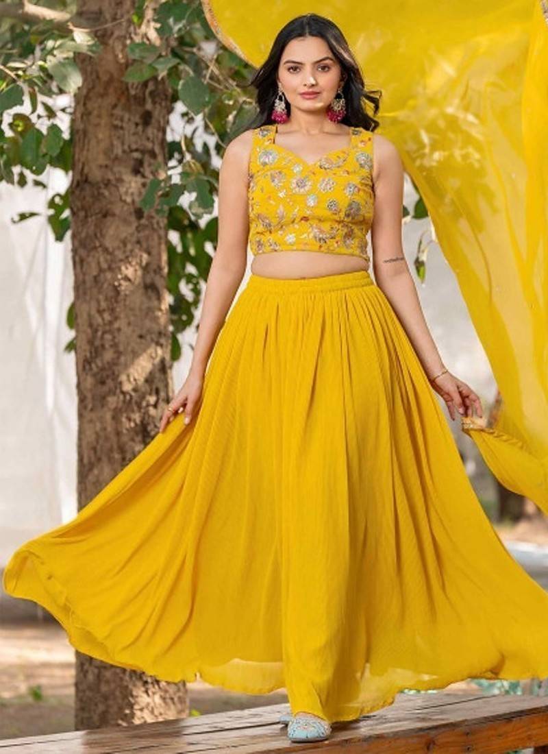Yellow Georgette Embroidered Sequinned Flared Lehenga Choli with Dupatta and Blouse