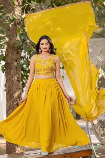 Yellow Georgette Embroidered Sequinned Flared Lehenga Choli with Dupatta and Blouse