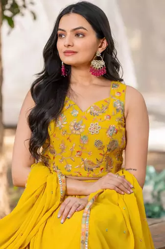 Yellow Georgette Embroidered Sequinned Flared Lehenga Choli with Dupatta and Blouse
