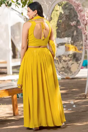 Yellow Georgette Embroidered Sequinned Flared Lehenga Choli with Dupatta and Blouse