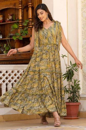 Green leheriya printed rayon fit & flared maxi dress