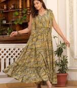 Green leheriya printed rayon fit & flared maxi dress