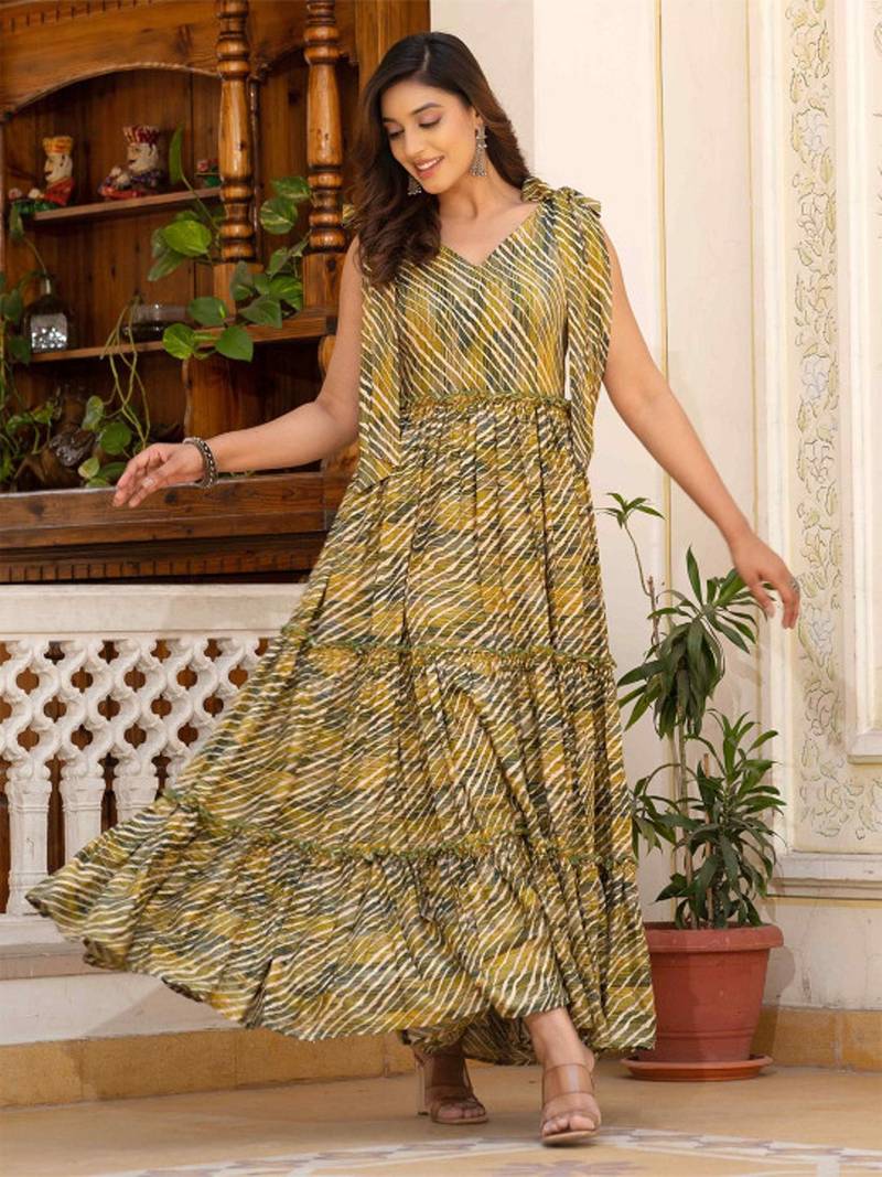 Green leheriya printed rayon fit & flared maxi dress