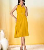 Yellow plain crepe gathered fit & flared midi dress for women