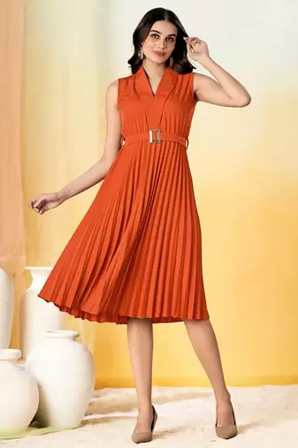 Orange plain crepe gathered fit & flared midi dress for women