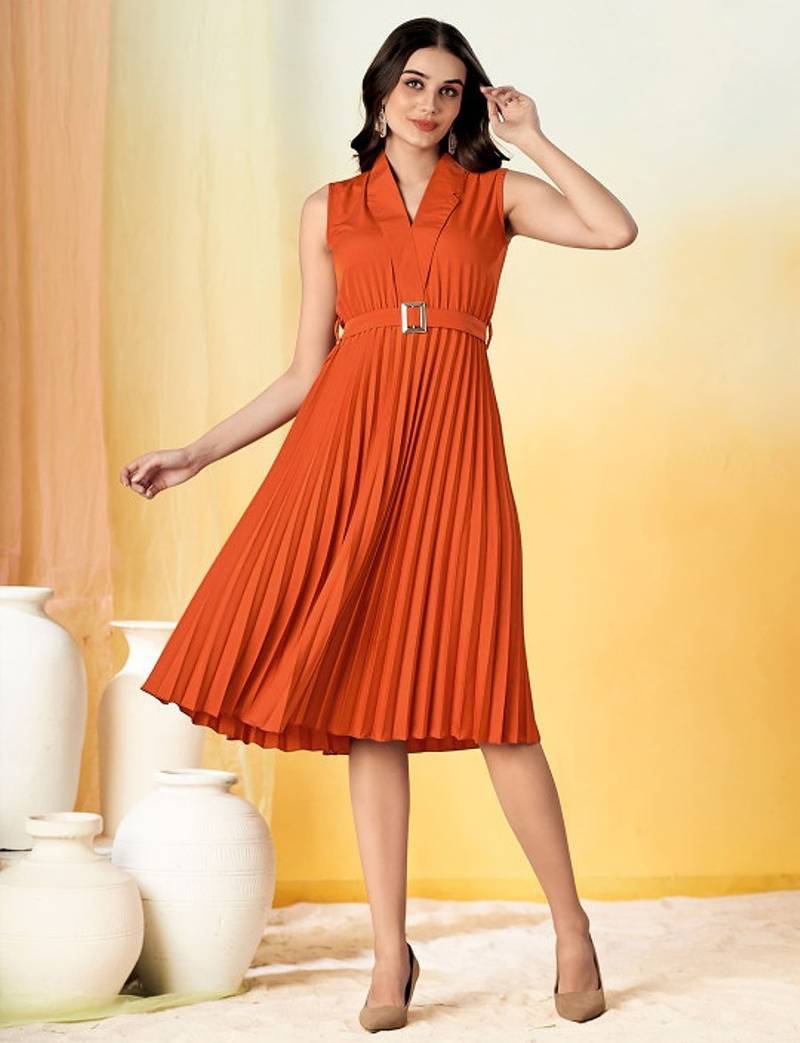 Orange plain crepe gathered fit & flared midi dress for women