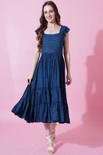 Blue stripe printed rayon fit & flared midi dress for women