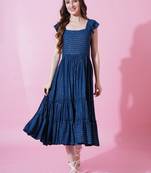 Blue stripe printed rayon fit & flared midi dress for women