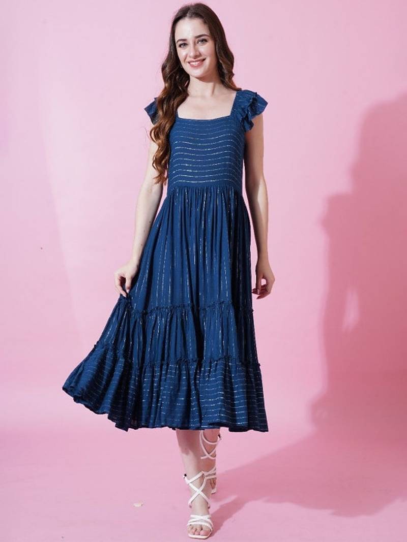 Blue stripe printed rayon fit & flared midi dress for women
