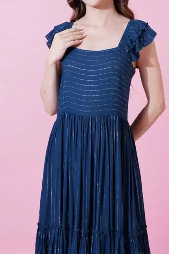 Blue stripe printed rayon fit & flared midi dress for women