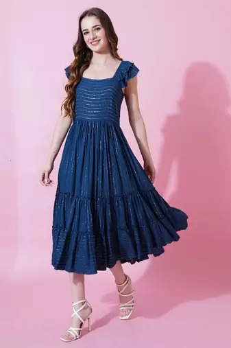 Blue stripe printed rayon fit & flared midi dress for women