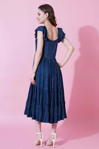 Blue stripe printed rayon fit & flared midi dress for women