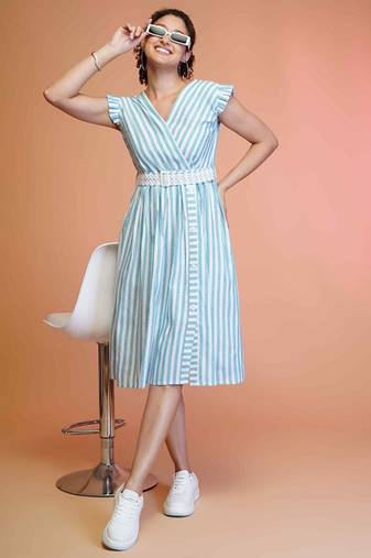 Sky-blue stripe printed cotton fit & flared midi dress for women