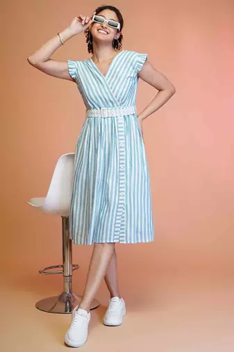 Sky-blue stripe printed cotton fit & flared midi dress for women