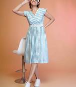 Sky-blue stripe printed cotton fit & flared midi dress for women