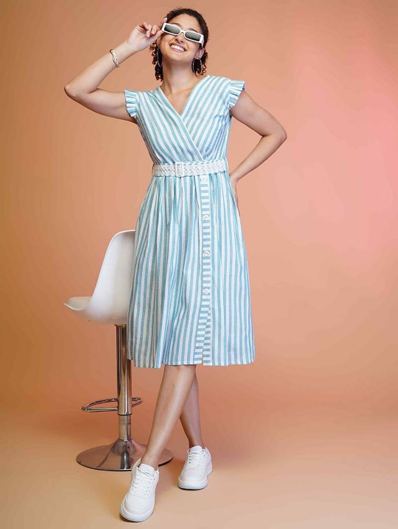 Sky-blue stripe printed cotton fit & flared midi dress for women