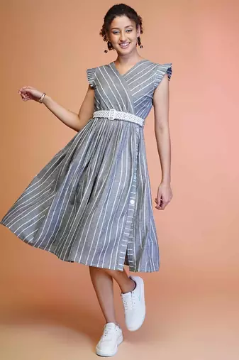 Grey stripe printed cotton fit & flared midi dress for women