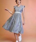 Grey stripe printed cotton fit & flared midi dress for women