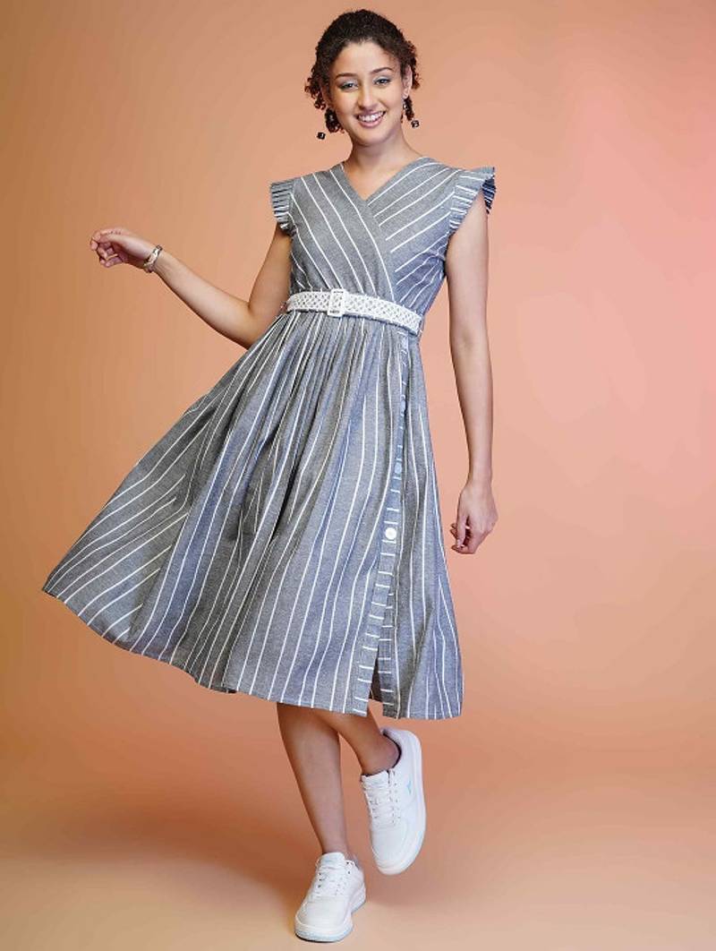 Grey stripe printed cotton fit & flared midi dress for women
