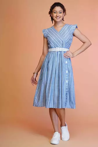 Blue stripe printed cotton fit & flared midi dress for women