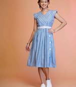 Blue stripe printed cotton fit & flared midi dress for women