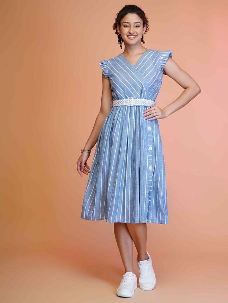 Blue stripe printed cotton fit & flared midi dress for women