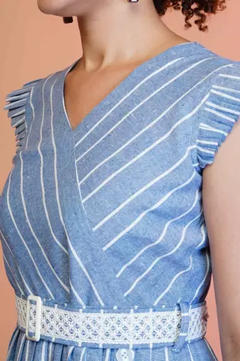 Blue stripe printed cotton fit & flared midi dress for women