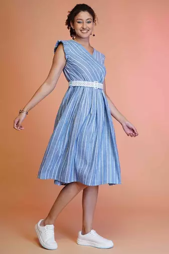 Blue stripe printed cotton fit & flared midi dress for women