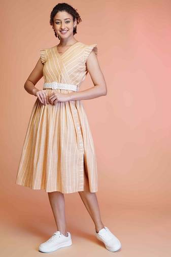 Orange stripe printed cotton fit & flared midi dress for women