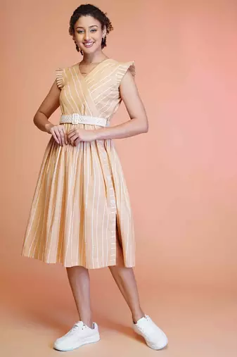 Orange stripe printed cotton fit & flared midi dress for women