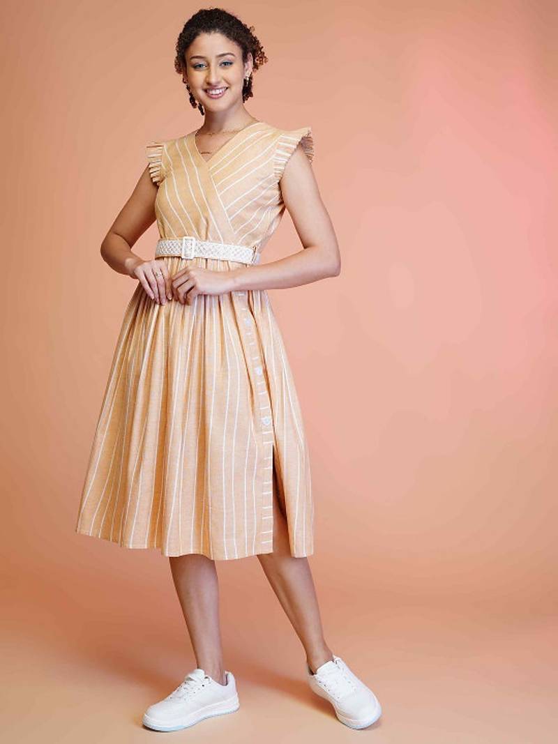Orange stripe printed cotton fit & flared midi dress for women