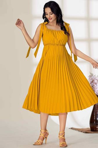 Yellow plain crepe gathered fit & flared midi dress for women